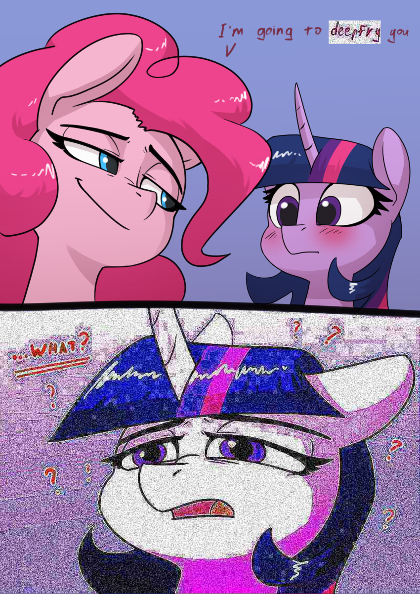 absurd_res blue_eyes blush confusion earth_pony equid equine friendship_is_magic fur hair hasbro hi_res horn horse mammal meme my_little_pony pink_body pink_fur pink_hair pinkie_pie_(mlp) pony purple_body purple_eyes purple_fur purple_hair question_mark twilight_sparkle_(mlp) underpable unicorn