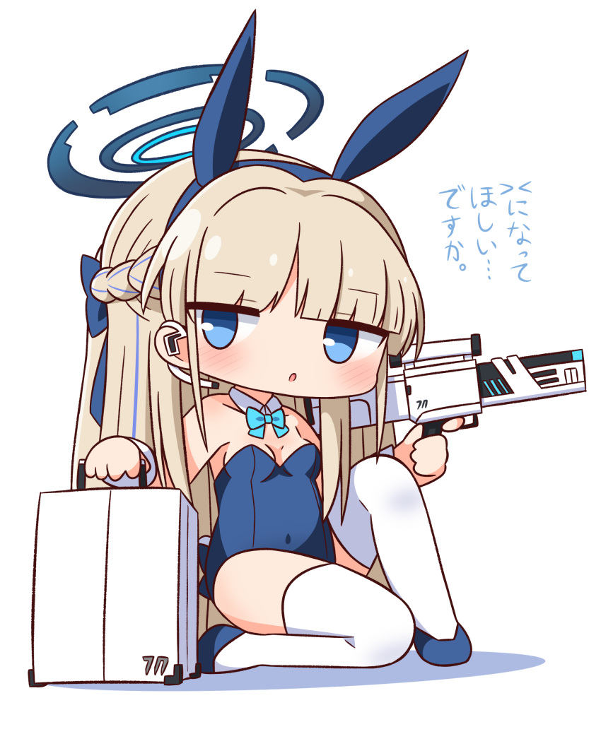 1girl :o animal_ears bare_shoulders blonde_hair blue_archive blue_bow blue_eyes blue_footwear blue_hair blue_hairband blue_leotard blush bow braid breasts chibi collar colored_shoe_soles covered_navel detached_collar earpiece fake_animal_ears full_body gun hair_bow hairband halo hana_kazari headset highres holding holding_gun holding_weapon knee_up leotard looking_at_viewer medium_breasts multicolored_hair parted_lips playboy_bunny rabbit_ears shoes simple_background solo strapless strapless_leotard streaked_hair suitcase thighhighs toki_(blue_archive) toki_(bunny)_(blue_archive) translation_request weapon weapon_request white_background white_collar white_thighhighs wing_collar wrist_cuffs