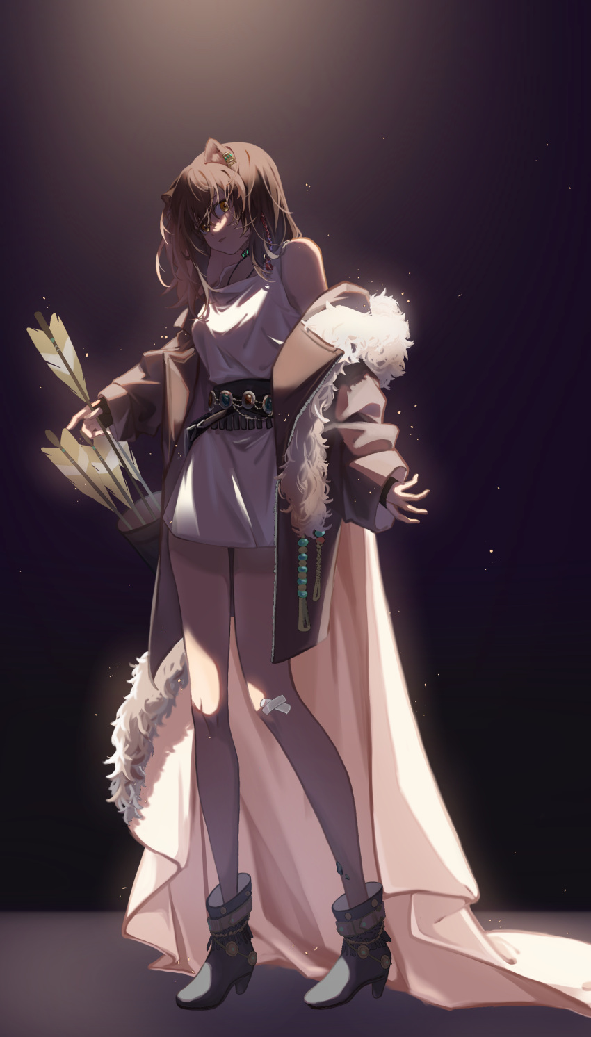 1girl absurdres animal_ear_fluff animal_ears arknights arrow_(projectile) bare_shoulders black_footwear boots brown_eyes brown_hair brown_jacket dress earclip full_body fur-trimmed_jacket fur_trim hair_between_eyes high_heel_boots high_heels highres jacket linjiangshasha long_sleeves lunacub_(arknights) off_shoulder open_clothes open_jacket puffy_long_sleeves puffy_sleeves quiver sleeveless sleeveless_dress sleeves_past_wrists solo standing white_dress