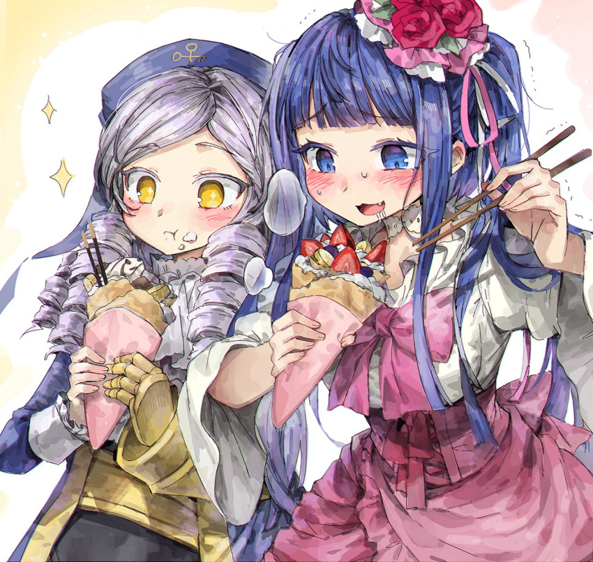 2girls :3 :t ascot banana banana_slice blue_eyes blue_hair blue_headwear blue_jacket blunt_bangs blush bow bowtie choker chopsticks colored_eyelashes commentary_request cowboy_shot crepe cross-laced_clothes cross-laced_skirt dlanor_a._knox drill_hair drooling eating eyes_visible_through_hair flower food food_on_face frilled_skirt frills fruit full_mouth furudo_erika gauntlets ghkdakrh1129 hair_flower hair_ornament hair_ribbon hat heavy_breathing highres holding holding_chopsticks holding_food jacket korean_commentary lace lace_choker light_purple_hair long_hair motion_lines multicolored_background multiple_girls parted_bangs pink_bow pink_bowtie pink_ribbon pink_skirt pocky puffy_sleeves red_flower red_rose ribbon rose shirt side-by-side sidelocks single_gauntlet skirt sleeve_cuffs sparkle star-shaped_pupils star_(symbol) strawberry sweat symbol-shaped_pupils trembling two_side_up umineko_no_naku_koro_ni whipped_cream white_ascot white_background white_ribbon white_shirt wide_sleeves yellow_background yellow_eyes