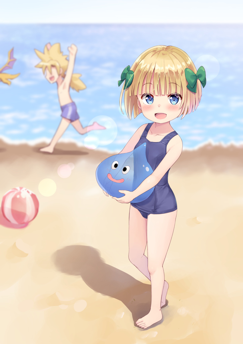 1boy 1girl 2others absurdres ball beach beachball blonde_hair blue_eyes blue_one-piece_swimsuit blue_swim_trunks blunt_bangs blurry blurry_background blush bow breasts brother_and_sister child commentary_request depth_of_field dragon dragon_kid_(dragon_quest) dragon_quest ear_piercing female_child full_body green_bow hair_bow hero's_daughter_(dq5) hero's_son_(dq5) highres male_child male_swimwear multiple_others ocean old_school_swimsuit one-piece_swimsuit outdoors paid_reward_available piercing ponytail school_swimsuit short_hair siblings slime_(creature) slime_(dragon_quest) small_breasts standing swim_trunks swimsuit tenjou_ryuka