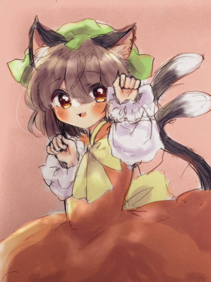 1girl animal_ears blush bow brown_hair chen clenched_hand drawing dress green_headwear highres long_sleeves looking_at_viewer medium_hair ol07469724 open_mouth red_dress sketch solo tail touhou twintails yellow_bow