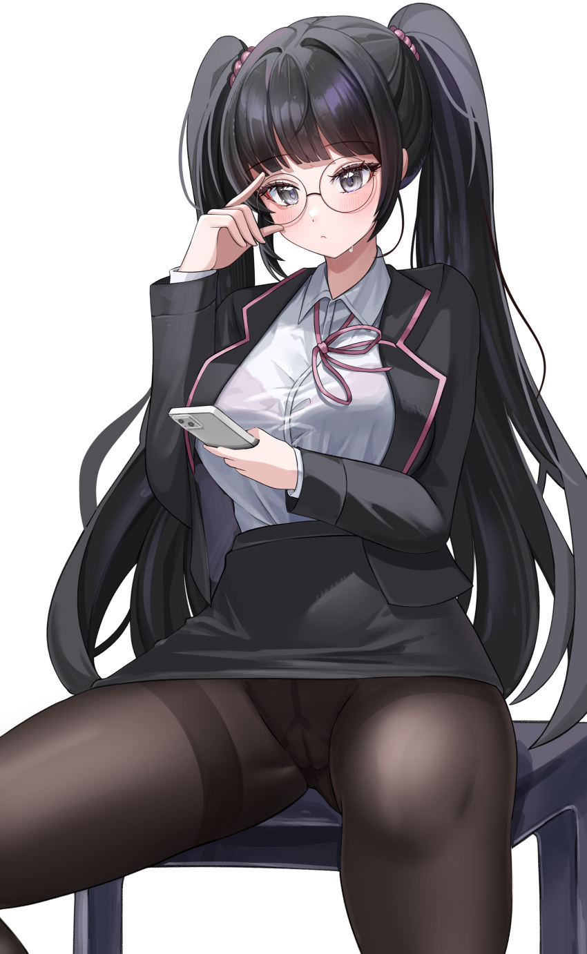1girl absurdres black_bra black_hair black_panties black_skirt blush bra bra_visible_through_clothes breasts business_suit cameltoe collared_shirt commission formal glasses grey_eyes high-waist_skirt highres holding holding_phone kaho_oco lanyard large_breasts office_lady original panties panties_under_pantyhose pantyhose pencil_skirt phone shirt skirt skirt_suit solo suit twintails underwear white_shirt