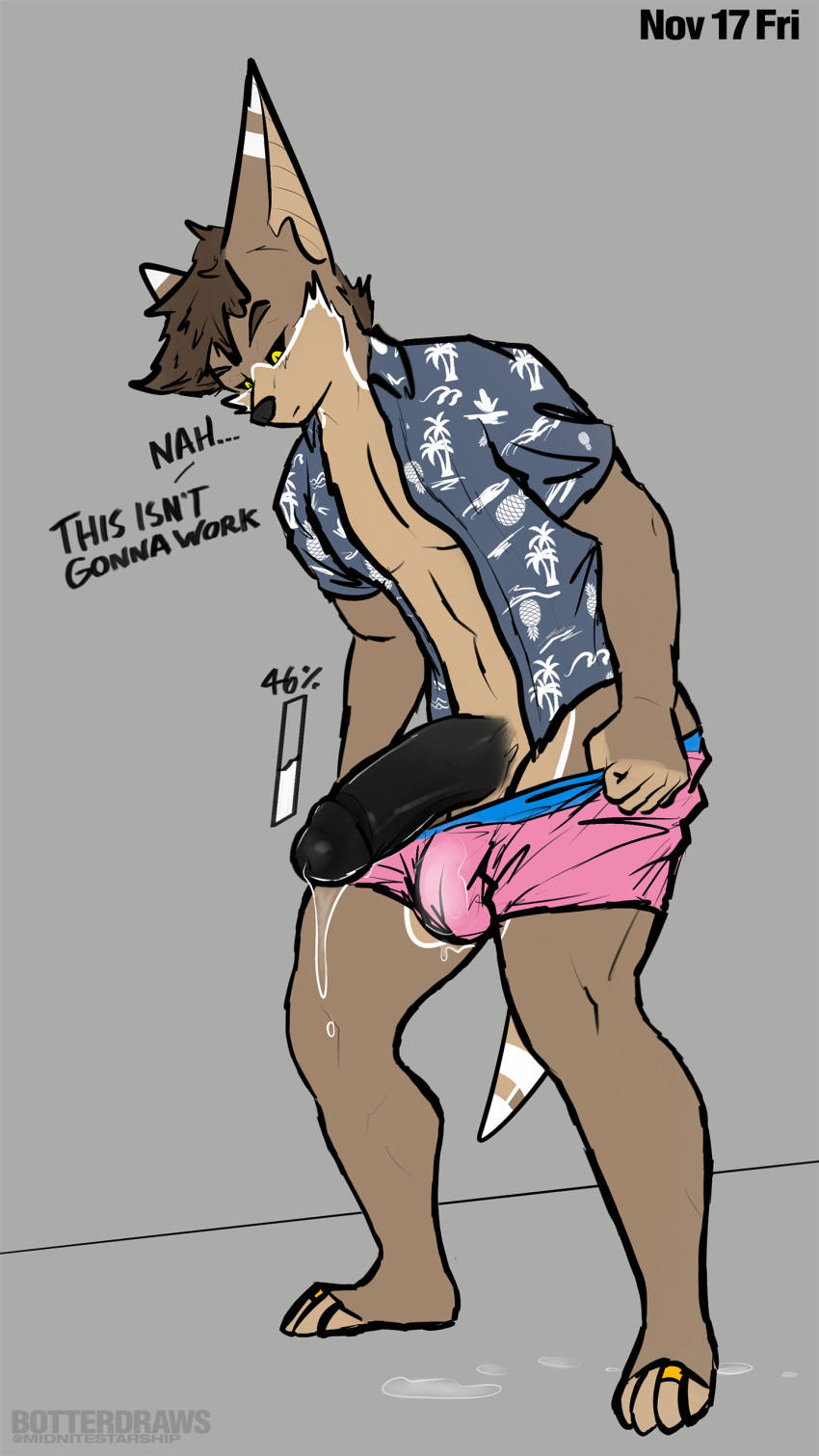 absurd_res aloha_shirt anthro bat big_ears big_penis black_penis black_sclera bodily_fluids botter botter_dork brown_hair clothed clothing cum_meter dialogue digit_ring dripping fangs feet fur genital_fluids genitals glistening glistening_genitalia glistening_penis hair half-erect hi_res humanoid_genitalia hybrid jewelry leaking_precum looking_at_genitalia looking_at_penis looking_at_self male mammal meme mustelid no_nut_november otter partially_clothed pattern_clothing pattern_shirt pattern_topwear penis pink_clothing pink_underwear precum precum_drip precum_on_ground precum_on_own_penis precum_on_penis precum_through_clothing precum_through_underwear ring rio_(botter_dork) shirt simple_background solo tail teeth text toe_ring toes topwear underwear underwear_down wet wet_clothing
