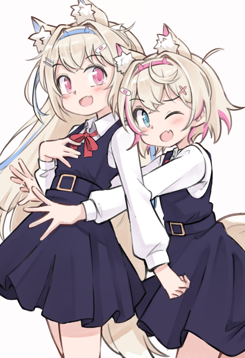 2girls :d ;d absurdres aged_down animal_ear_fluff animal_ears bandaid_hair_ornament blonde_hair blue_dress blue_eyes blush bow bowtie collared_shirt cosplay crossed_bangs dog_ears dog_girl dog_tail double-parted_bangs dress dress_shirt fake_horns fang fuwawa_abyssgard hair_between_eyes hair_intakes hair_ornament hairband height_difference highres hololive hololive_english horns hug hug_from_behind k-go long_hair long_sleeves looking_at_viewer mococo_abyssgard multicolored_hair multiple_girls one_eye_closed open_mouth pink_hair pink_hairband pleated_dress red_bow red_bowtie school_uniform shigure_ui_(vtuber) shigure_ui_(vtuber)_(cosplay) shigure_ui_(young)_(vtuber) shirt short_hair siblings simple_background sisters skin_fang smile streaked_hair tail twins virtual_youtuber white_shirt x_hair_ornament