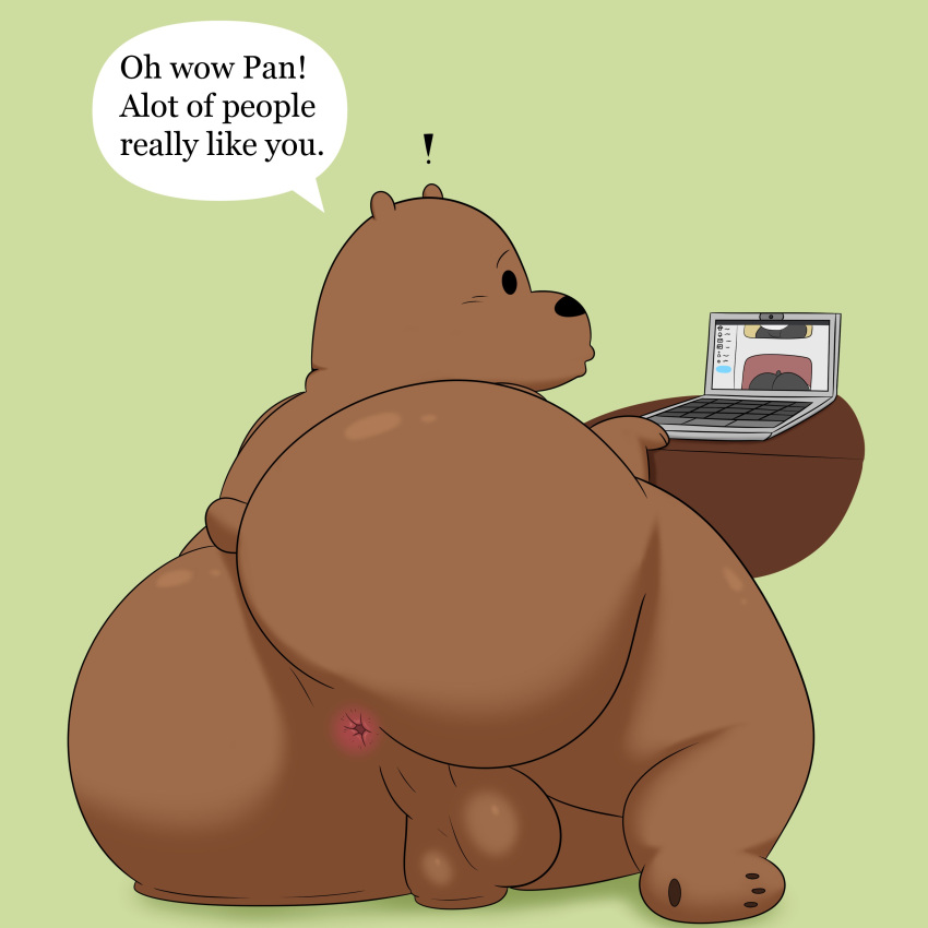 2023 absurd_res anthro anus backsack ball_squish balls bear big_balls big_butt brown_bear bubble_butt butt butt_squish cartoon_network colossalstars computer dialogue dot_eyes english_text exclamation_point eyebrows feet genitals green_background grizzly_(wbb) grizzly_bear hi_res huge_butt huge_thighs laptop lying male mammal nude on_side overweight overweight_anthro overweight_male pawpads perineum rear_view screen shadow simple_background soles solo squish text thick_thighs ursine we_bare_bears