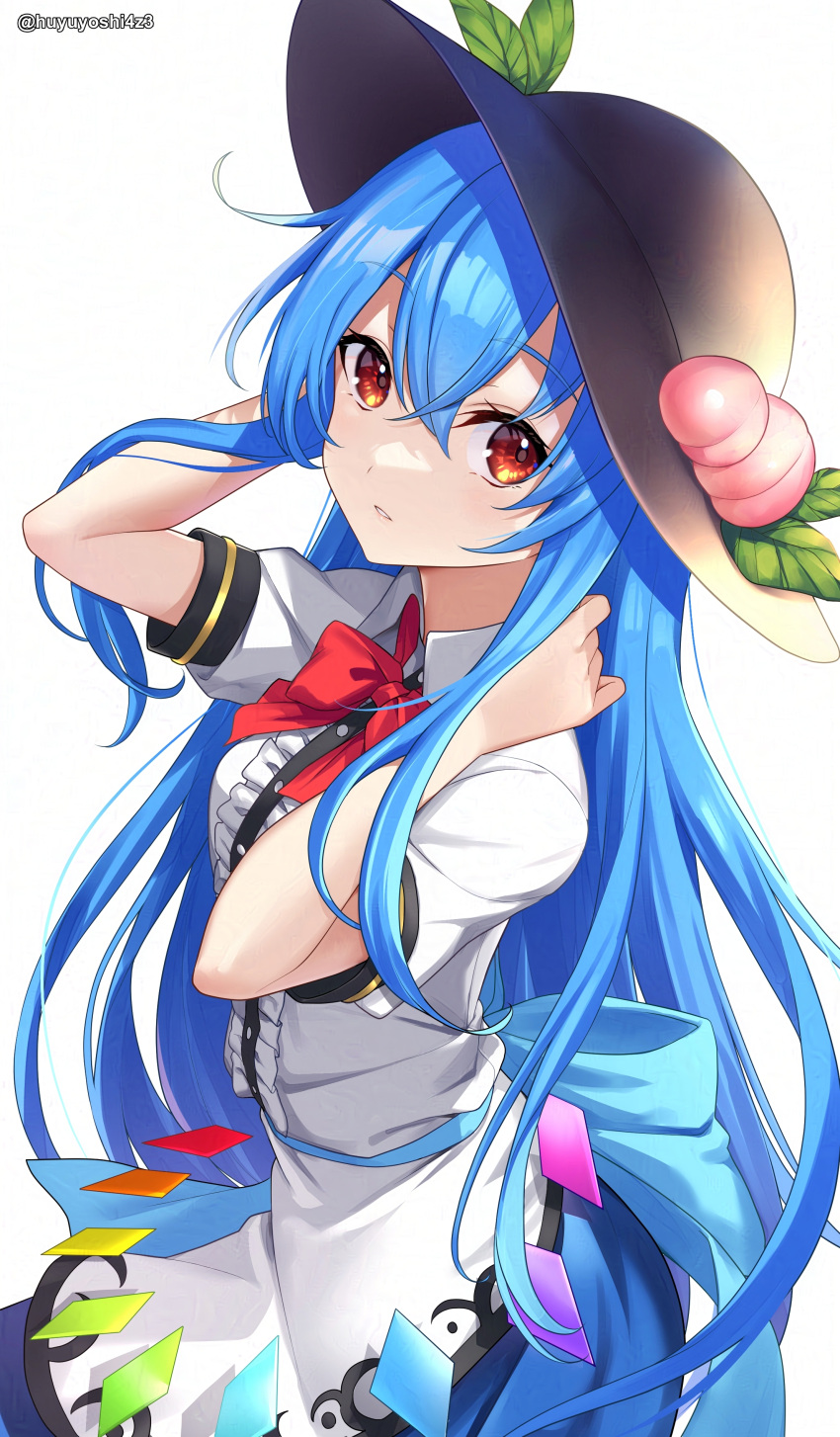 1girl absurdres black_headwear blue_hair blue_skirt breasts center_frills collared_shirt frills hair_between_eyes hat highres hinanawi_tenshi long_hair looking_at_viewer medium_breasts parted_lips rainbow_order red_eyes shirt short_sleeves simple_background skirt solo touhou twitter_username white_background white_shirt yoshinatsu