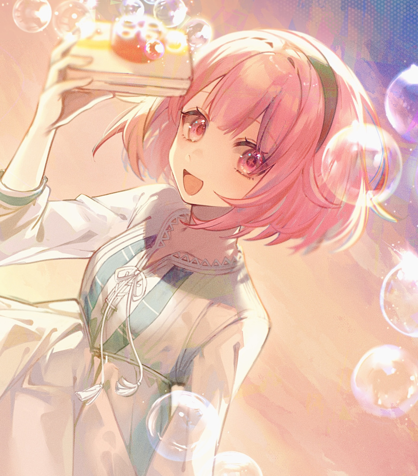 +_+ :d blush box bubble collarbone dress dutch_angle hair_between_eyes hand_up highres holding holding_box long_sleeves looking_at_viewer neck_ribbon nuko_0108 ootori_emu open_mouth pink_hair project_sekai raised_eyebrows ribbon short_hair sidelocks smile upper_body white_dress white_ribbon