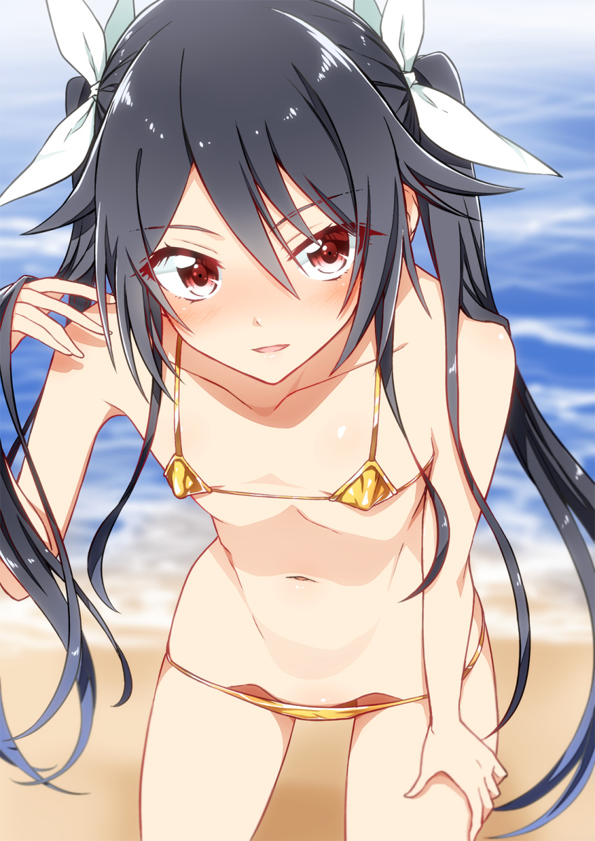 beach bikini black_hair blue_hair blush bra breasts collarbone colored_tips covered_nipples flat_chest gold_bikini hair_between_eyes hair_ribbon hand_on_own_thigh highres holding holding_hair leaning_forward long_hair micro_bikini multicolored_hair navel ocean open_mouth ore_twintail_ni_narimasu outdoors red_eyes ribbon shiny_skin small_breasts smile stomach swimsuit tsube_aika twintails two-tone_hair underwear very_long_hair white_bra white_ribbon yuto_(dialique)