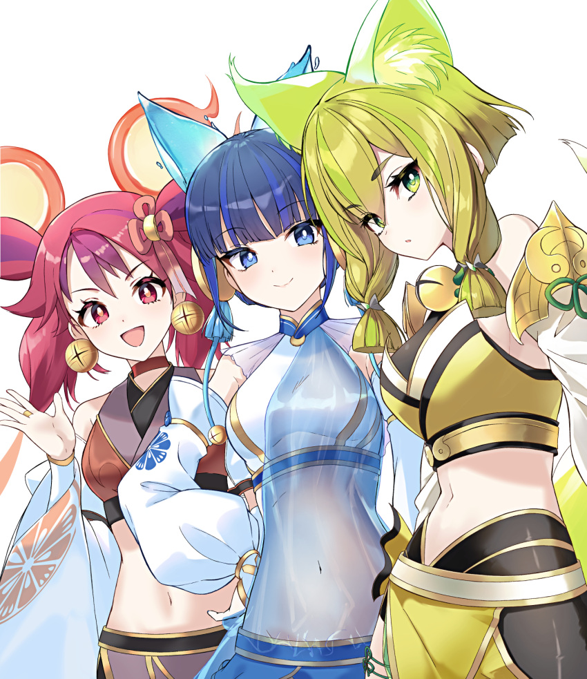 animal_ears bare_shoulders blue_eyes blue_hair breasts crop_top detached_sleeves different duel_monster earrings green_eyes green_hair ha-re_the_sword_mikanko highres hu-li_the_jewel_mikanko jewelry long_sleeves medium_breasts midriff multiple_girls navel ni-ni_the_mirror_mikanko red_eyes red_hair short_hair yu-gi-oh!