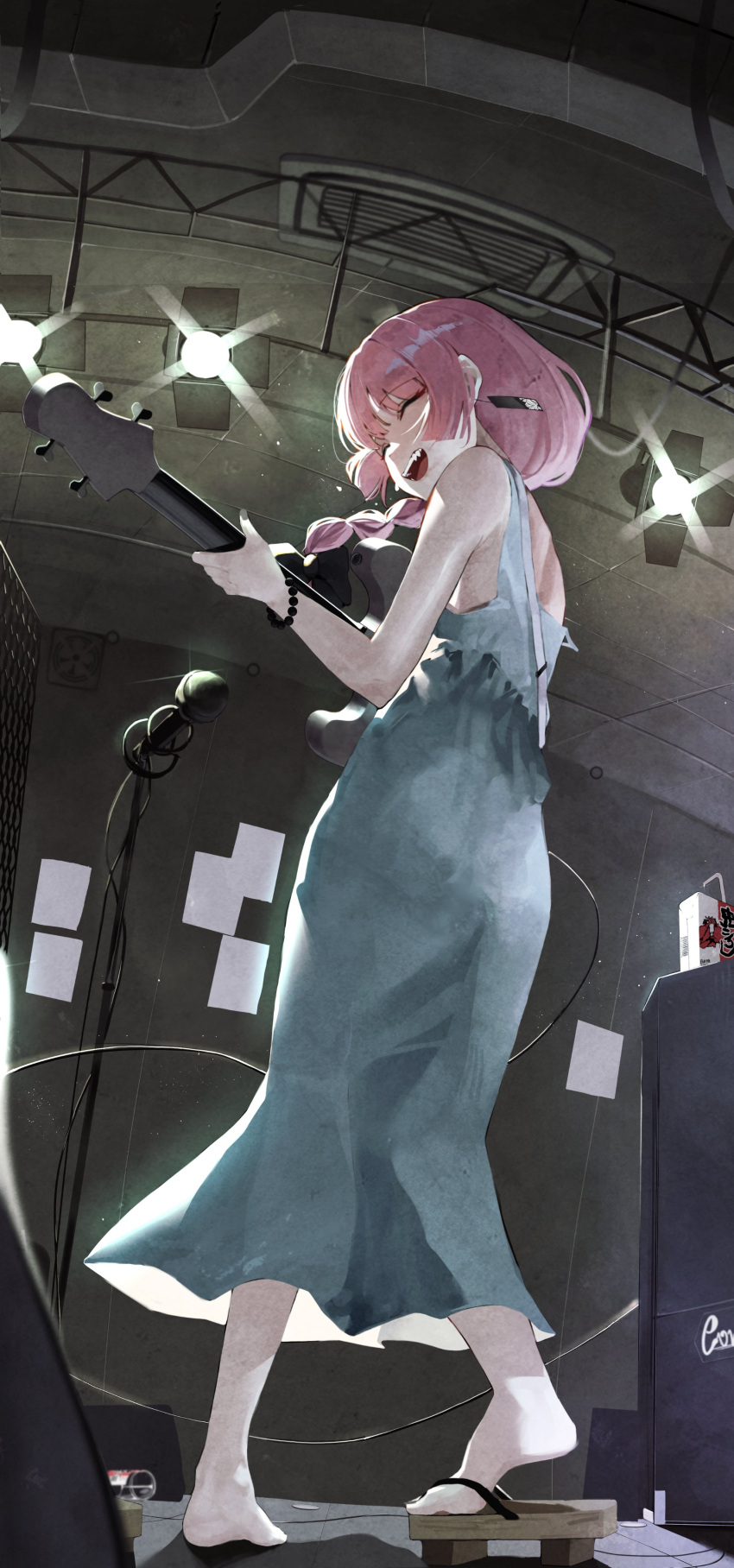 1girl absurdres amplifier bare_shoulders barefoot bead_bracelet beads bocchi_the_rock! bracelet braid cable commentary dress electric_guitar facing_to_the_side fangs floating_hair from_behind full_body geta green_dress guitar hair_over_shoulder hanafuda_earrings highres hiroi_kikuri holding holding_instrument indoors instrument jewelry microphone_stand music nail_polish open_mouth playing_instrument pomp_(qhtjd0120) sandals shoulder_strap single_sandal sleeveless sleeveless_dress smile solo spaghetti_strap stage stage_lights standing sweat symbol-only_commentary truss