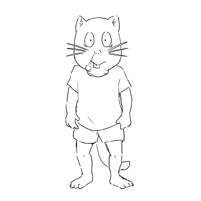 2022 4_toes anthro barefoot bottomwear buckteeth clothing feet gegege_no_kitaro hi_res looking_at_viewer male mammal monochrome nekotanyanneko rodent shirt shorts simple_background solo tail teeth toes topwear whiskers white_background