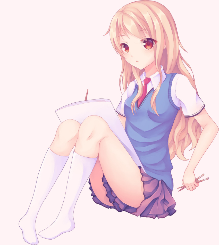 1girl bad_leg black_skirt blonde_hair blue_sweater_vest blush breasts drawing full_body highres holding holding_pencil lanahpyon long_hair looking_at_viewer necktie pencil red_eyes red_necktie sakura-sou_no_pet_na_kanojo school_uniform shiina_mashiro shirt short_sleeves simple_background sitting skirt small_breasts solo sweater_vest white_background white_shirt