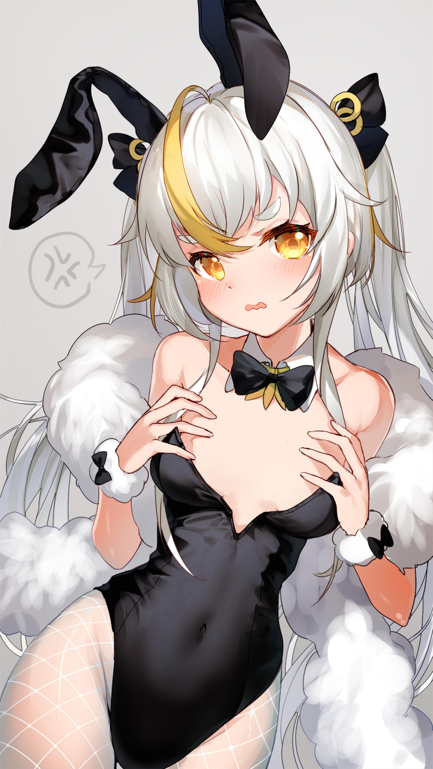 1girl anger_vein animal_ears bare_shoulders bison_cangshu black_bow black_bowtie black_leotard black_ribbon blonde_hair blush bow bowtie breasts commentary_request covered_navel detached_collar fake_animal_ears feather_boa fishnet_pantyhose fishnets grey_background grey_hair hair_between_eyes hair_ribbon hands_up highleg highleg_leotard highres leotard long_hair looking_at_viewer multicolored_hair original oversized_breast_cup pantyhose parted_lips playboy_bunny rabbit_ears ribbon short_eyebrows simple_background small_breasts solo spoken_anger_vein strapless strapless_leotard streaked_hair twintails very_long_hair wavy_mouth white_pantyhose yellow_eyes