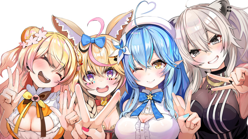 4girls ahoge bare_shoulders blonde_hair blue_hair breasts cleavage commentary_request everyone grey_eyes grey_hair grin heart heart_ahoge highres hololive kajimakoto large_breasts long_hair looking_at_viewer momosuzu_nene momosuzu_nene_(1st_costume) multiple_girls nail_polish nepolabo omaru_polka omaru_polka_(1st_costume) ookami_mio_(1st_costume) paid_reward_available purple_eyes see-through_cleavage shirt shishiro_botan shishiro_botan_(1st_costume) simple_background smile upper_body v virtual_youtuber white_background white_shirt yellow_eyes yukihana_lamy yukihana_lamy_(1st_costume)