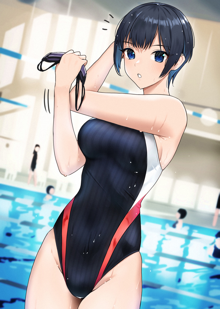 1girl black_eyes black_hair black_one-piece_swimsuit breasts commentary_request cowboy_shot doushimasho goggles highres holding holding_goggles looking_at_viewer medium_breasts multicolored_clothes multicolored_swimsuit notice_lines one-piece_swimsuit parted_lips short_hair solo_focus standing striped_swimsuit swimsuit thigh_gap unworn_goggles