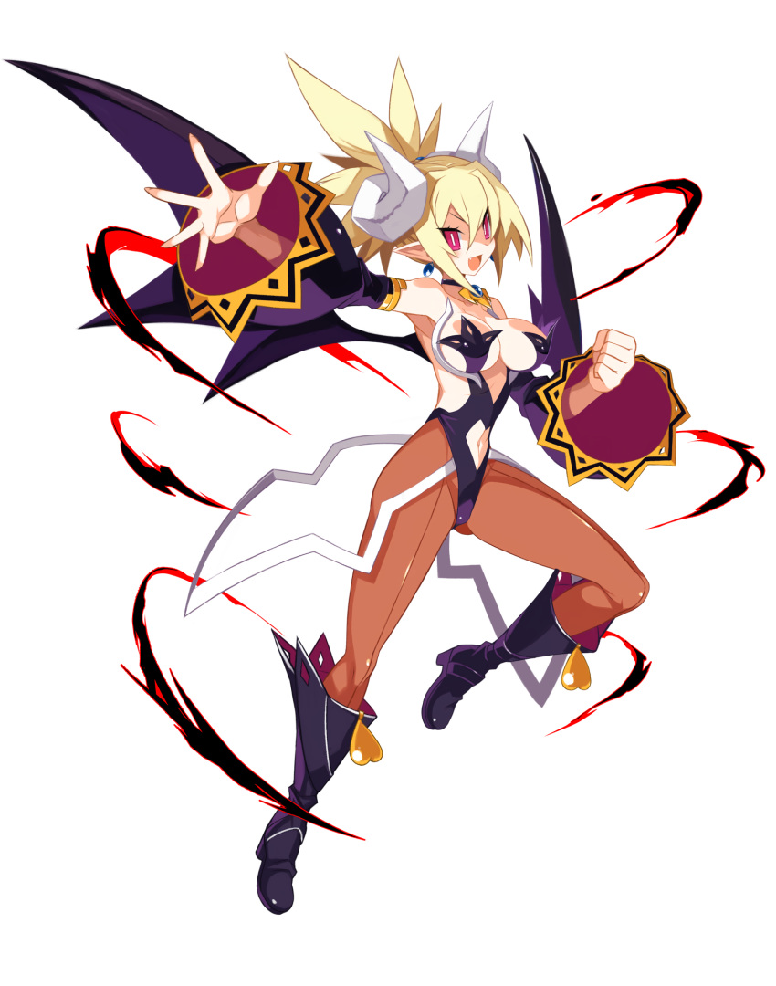 1girl backless_leotard black_footwear black_leotard black_wings blonde_hair boots breasts bright_pupils brown_pantyhose choker clenched_hand clothing_cutout curled_horns demon_girl demon_horns demon_wings detached_sleeves disgaea disgaea_rpg earrings fang full_body hair_between_eyes half_updo highres horns jewelry la_pucelle large_breasts leotard long_hair maou_prier navel navel_cutout non-web_source official_art open_mouth outstretched_arm pantyhose photoshop_(medium) pointy_ears prier red_eyes rozalin seamed_legwear slit_pupils solo strapless strapless_leotard transparent_background wide_sleeves wings