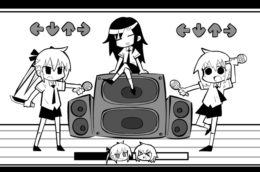 &gt;_&lt; 3girls =_= arm_up arrow_(symbol) chibi chibi_inset collared_shirt friday_night_funkin' frown full_body gameplay_mechanics goshiki_agiri greyscale highres holding holding_instrument holding_knife holding_microphone instrument jitome kani_beam kill_me_baby kneehighs knife letterboxed long_hair maracas microphone monochrome multiple_girls multiple_views necktie open_mouth oribe_yasuna outstretched_arm parody reverse_grip school_uniform shirt shoes short_hair short_sleeves sitting sitting_on_object skirt smile socks sonya_(kill_me_baby) speaker standing standing_on_one_leg triangle_mouth twintails v-shaped_eyebrows wooden_floor