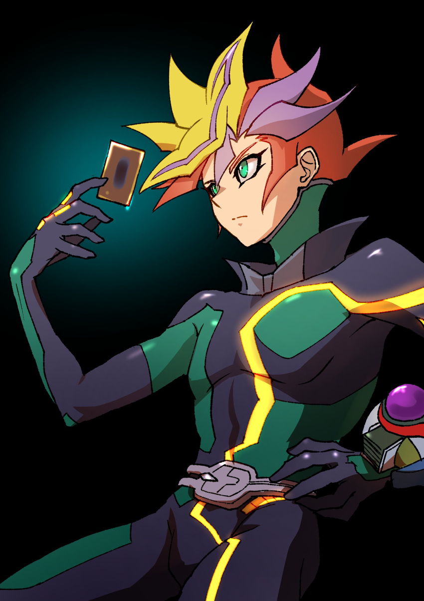 1boy absurdres belt black_background black_gloves blonde_hair bodysuit card commentary_request duel_disk fujiki_yuusaku gloves glowing_clothes gradient_background green_eyes hand_up high_collar highres holding holding_card looking_to_the_side male_focus multicolored_bodysuit multicolored_clothes multicolored_hair orange_hair purple_hair serious simple_background solo spiked_hair standing streaked_hair trading_card youko-shima yu-gi-oh! yu-gi-oh!_vrains