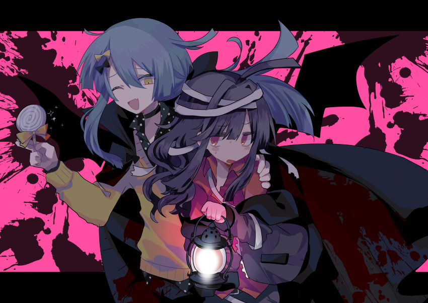 1boy 1girl absurdres ahoge bandana_obito black_bow black_cape black_choker black_hair black_jacket black_pants black_shirt blood blood_on_clothes blood_stain blue_hair bow candy cape choker collared_shirt fang food haguro_ribon hand_on_another's_shoulder highres holding holding_candy holding_food holding_lantern holding_lollipop jacket lantern lollipop long_hair no_nose one_eye_closed open_clothes open_jacket open_mouth original pants polka_dot polka_dot_shirt red_eyes red_shirt ribbon shirt skin_fang smile sweater swirl_lollipop usagi_nui yellow_bow yellow_eyes yellow_ribbon yellow_sweater