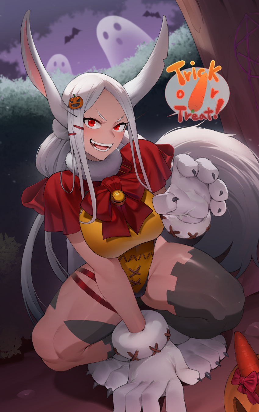 1girl absurdres animal_ears bare_shoulders bat_(animal) bell between_legs bodypaint boku_no_hero_academia bow breasts bush capelet claw_pose english_commentary english_text food-themed_hair_ornament fur_collar ghost hair_ornament hairclip halloween hand_between_legs highres koyap large_breasts leotard long_eyelashes long_hair looking_at_viewer mirko mixed-language_commentary neck_bell open_mouth orange_leotard outdoor_unit parted_bangs pentagram pumpkin pumpkin_hair_ornament rabbit_ears rabbit_girl red_bow red_capelet red_eyes smile solo speech_bubble teeth thick_thighs thighs toned very_long_hair white_hair