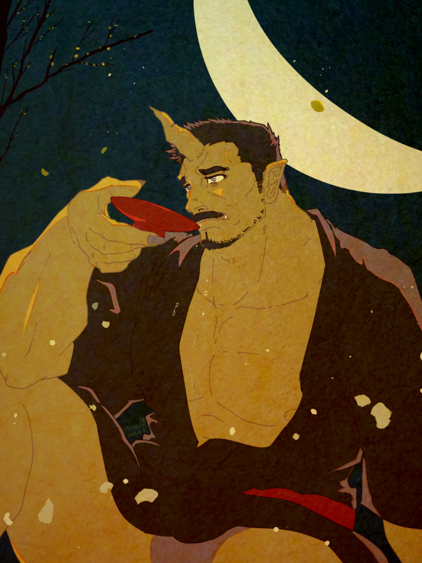 1boy abs autumn_leaves bara bare_pectorals beard black_hair black_kimono bulge bulge_peek colored_skin crescent_moon cup drinking facial_hair falling_leaves feet_out_of_frame furrowed_brow highres holding holding_cup horns japanese_clothes kimono knee_up kora_mirin_(tkrmrn) large_hands large_pectorals leaf looking_ahead male_focus mature_male moon muscular muscular_male night night_sky nipples old old_man oni open_clothes open_kimono original pectorals pointy_ears sad sakazuki short_hair sideburns single_horn sky solo sparse_stubble spread_legs stomach thick_eyebrows thick_mustache thick_thighs thighs tusks wrinkled_skin yellow_skin