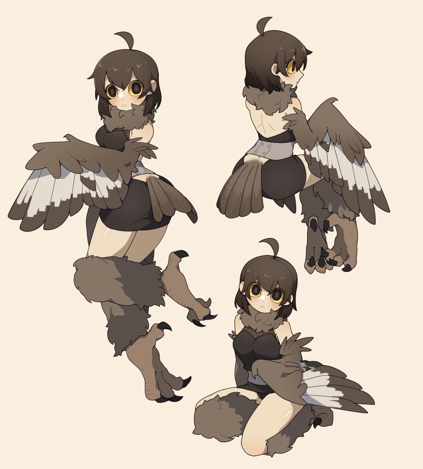 1girl absurdres ahoge bare_back bare_shoulders bird_legs bird_tail black_eyes black_skirt blush breasts brown_feathers brown_hair brown_wings colored_sclera commentary english_commentary feathers gomulgong grey_feathers harpy highres looking_at_viewer medium_hair miniskirt monster_girl multiple_views orange_sclera original owl_girl skirt sleeveless small_breasts tail tail_feathers talons winged_arms wings