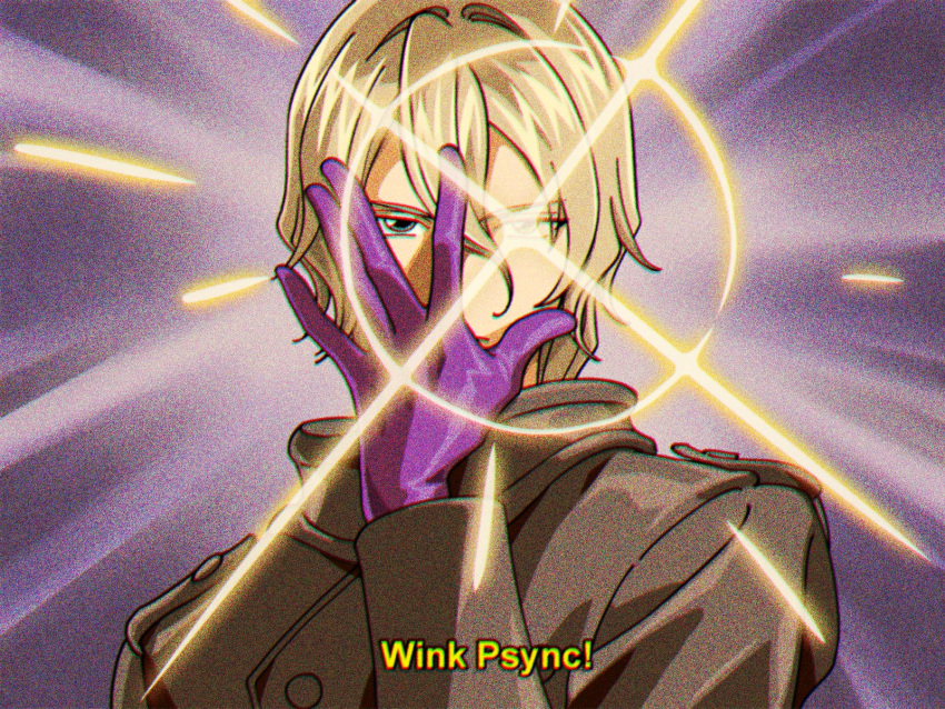 1boy ai_the_somnium_files ai_the_somnium_files:_nirvana_initiative blonde_hair commentary covered_mouth date_kaname gloves hair_between_eyes hand_up highres long_sleeves looking_at_viewer male_focus medium_hair purple_gloves retro_artstyle soda183461 solo upper_body