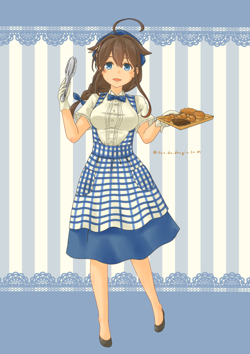 1girl absurdres apron bakery blue_apron blue_background blue_bow blue_bowtie blue_eyes blue_skirt bow bowtie braid bread breasts brown_hair checkered_apron checkered_clothes employee_uniform food full_body gingham gingham_apron gloves hair_flaps hair_ornament hair_over_shoulder head_scarf high-waist_skirt highres holding_tongs kantai_collection kobeya_uniform medium_breasts plaid plaid_apron pleated_shirt pot-de shigure_(kancolle) shop single_braid skirt solo striped striped_background tongs tray two-tone_background uniform waitress white_background white_gloves