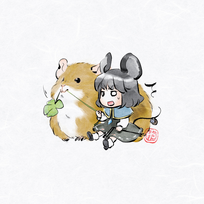 1girl absurdres animal_ears basket black_footwear blue_capelet buttons capelet chibi clover diamond_button dowsing_rod dress four-leaf_clover grey_dress grey_hair hamster highres holding holding_basket holding_rod holding_with_tail looking_at_another mouse mouse_ears mouse_girl mouse_tail mouth_hold nazrin open_mouth prehensile_tail pulling shoes short_hair simple_background sitting socks solo sweatdrop tail touhou white_background white_socks yuzuha_(yuzutime)