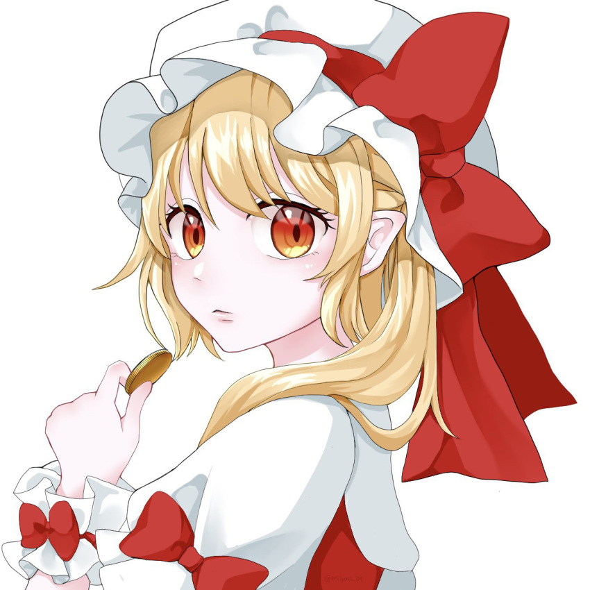 1girl blonde_hair closed_mouth coin flandre_scarlet from_side hat hat_ribbon highres holding holding_coin looking_at_viewer looking_to_the_side medium_hair miyangoroge pointy_ears puffy_short_sleeves puffy_sleeves red_eyes red_ribbon red_vest ribbon shirt short_sleeves simple_background solo touhou upper_body vest white_background white_headwear white_shirt wrist_cuffs