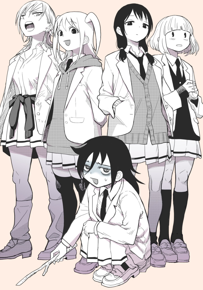 5girls arms_behind_back bags_under_eyes black_hair blazer blunt_bangs blush cardigan clothes_around_waist ear_piercing greyscale hair_between_eyes halftone hands_in_pockets highres holding holding_stick hood hood_down hoodie jacket jacket_around_waist kimura_yuji kneehighs kuroki_tomoko loafers long_hair long_skirt looking_at_viewer loose_necktie loose_socks low_twintails monochrome multicolored_hair multiple_girls necktie nemoto_hina open_mouth pantyhose partially_unbuttoned piercing pleated_skirt school_uniform shaded_face shirt shoes short_hair skirt smile socks squatting stick sweatdrop tamura_yuri thighhighs twintails two-tone_hair two_side_up uchi_emiri v-shaped_eyebrows watashi_ga_motenai_no_wa_dou_kangaetemo_omaera_ga_warui! white_background yoshida_masaki |_|