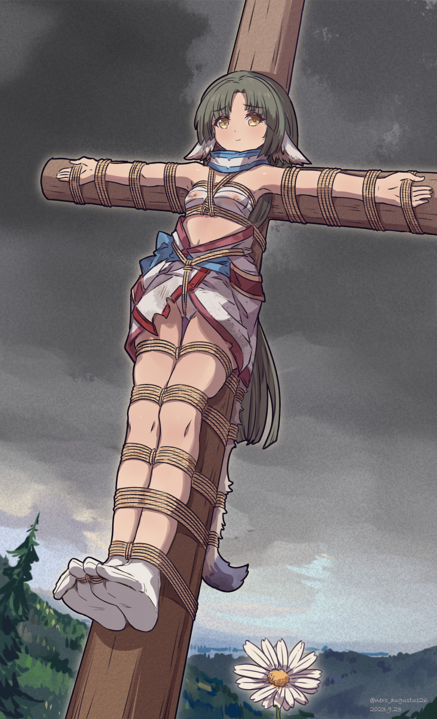 1girl absurdres ainu_clothes animal_ears artist_name bare_legs barefoot bdsm bondage bound bound_toes chest_sarashi clothes_lift cloud cloudy_sky covered_nipples crotch_rope crucifixion eruruw flower forest green_hair highres light_smile long_hair looking_at_viewer nature nero_augustus panties sarashi see-through shibari sidelocks sky soles tabi tail underwear utawarerumono yellow_eyes