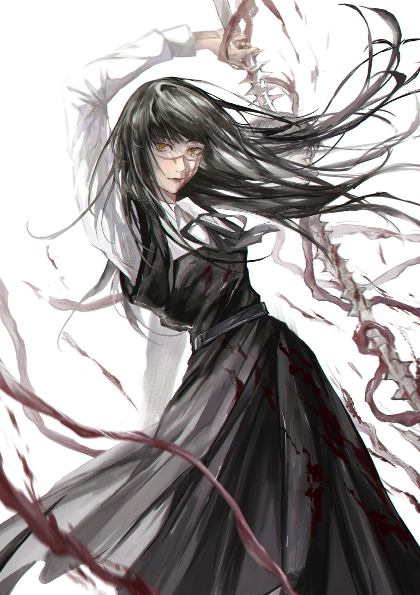 1girl arm_up black_hair black_ribbon blood blood_on_clothes blood_spray chainsaw_man cross_scar dress fourth_east_high_school_uniform highres intestines long_hair looking_at_viewer neck_ribbon pinafore_dress qii_yu ribbon ringed_eyes scar scar_on_cheek scar_on_face school_uniform simple_background sleeveless sleeveless_dress solo spine white_background yellow_eyes yoru_(chainsaw_man)