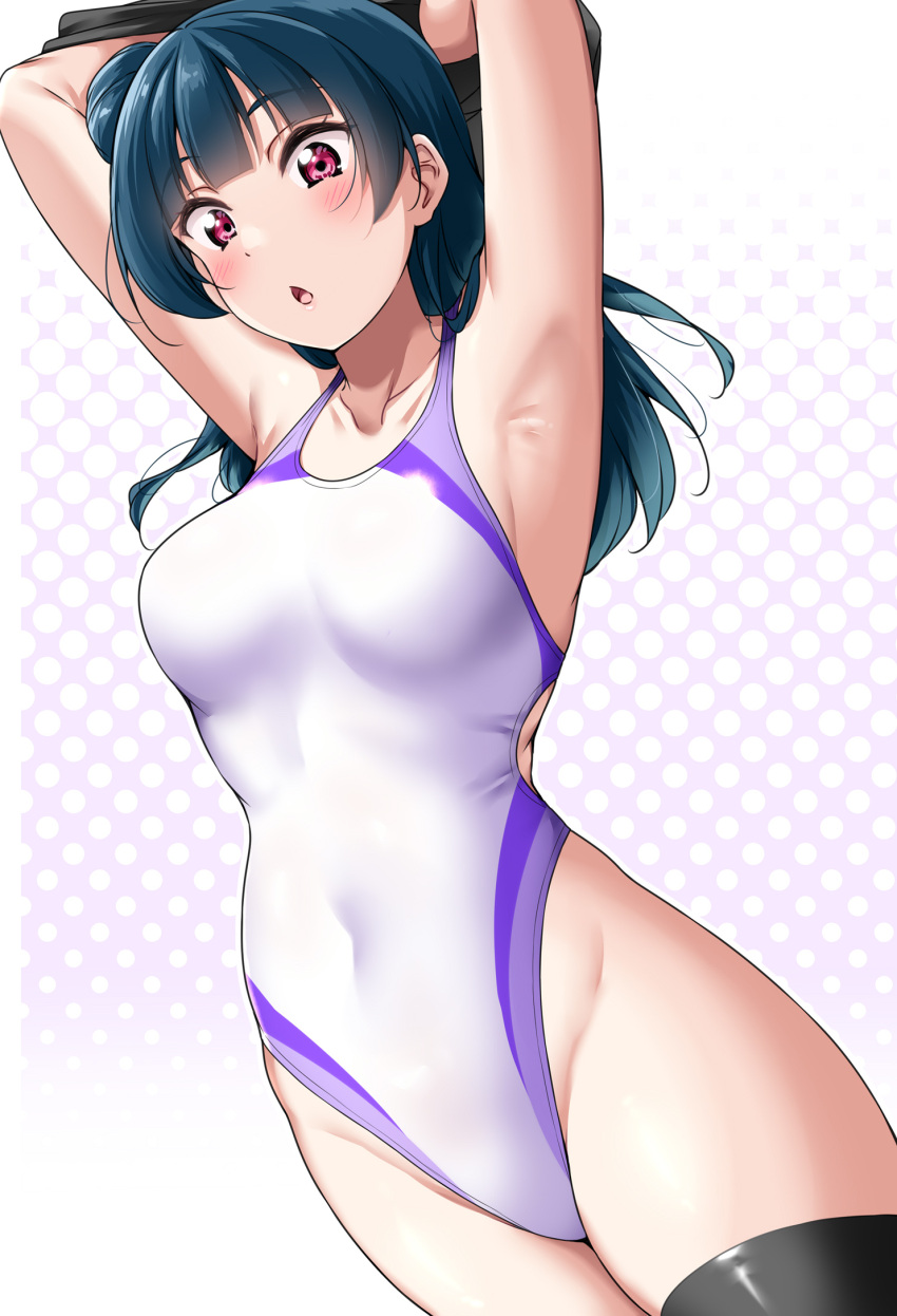 1girl :o aqua_hair armpits arms_up black_thighhighs blue_hair breasts clothes_lift collarbone covered_navel hair_bun highleg highleg_swimsuit highres lifted_by_self love_live! love_live!_sunshine!! one-piece_swimsuit pink_eyes shirt_lift small_breasts solo swimsuit thighhighs thighs tsushima_yoshiko white_one-piece_swimsuit yopparai_oni