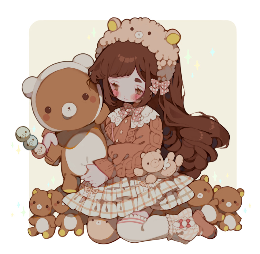 1girl angel_wings animal_ears asymmetrical_legwear bear bear_ears border bow bow_legwear bow_skirt bowtie brown_eyes brown_footwear brown_hair brown_hairband brown_pantyhose buttons chibi closed_mouth collar collared_sweater commission dango english_commentary eyelashes fake_animal_ears fluffy food frilled_skirt frilled_socks frills hair_bow hairband half-closed_eyes highres holding holding_food holding_stuffed_toy kneeling light_blush littlebluemuffin long_hair long_sleeves mary_janes miniskirt orange_bow orange_socks orange_sweater original pantyhose pink_bow pink_bowtie plaid plaid_bow plaid_bowtie plaid_socks puffy_long_sleeves puffy_sleeves red_bow rilakkuma san-x shoes single_leg_pantyhose single_thighhigh skirt smile socks solid_circle_eyes sparkle stuffed_animal stuffed_toy sweater teddy_bear thighhighs wagashi white_border white_collar white_skirt white_thighhighs white_wings wings yellow_background