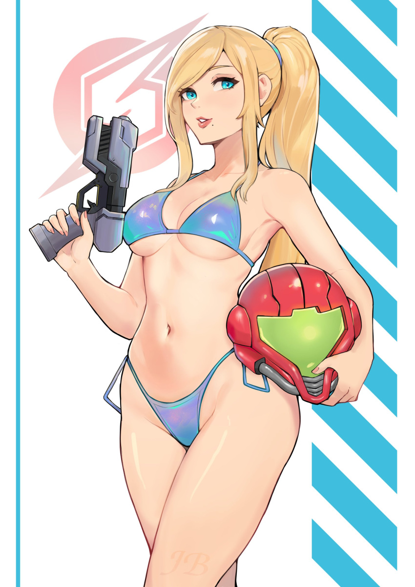 1girl absurdres bikini blonde_hair blue_bikini blue_eyes gun headwear_removed helmet helmet_removed highres holding holding_gun holding_weapon jetblaackk logo metroid navel no_headwear ponytail samus_aran swimsuit thong weapon white_background