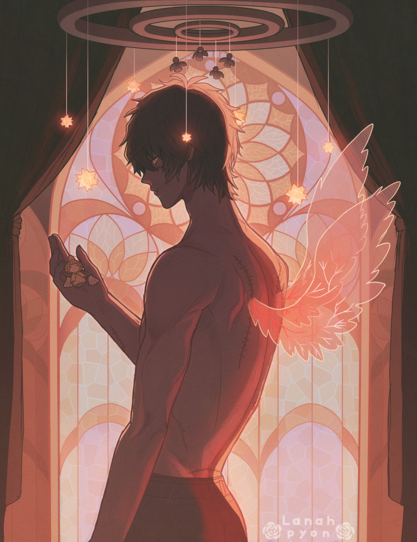 1boy artist_name character_doll highres holding holding_toy indoors lanahpyon mobile scar scar_on_arm scar_on_back scar_on_face slow_damage solo stained_glass standing topless_male towa_(slow_damage) toy wings yellow_eyes