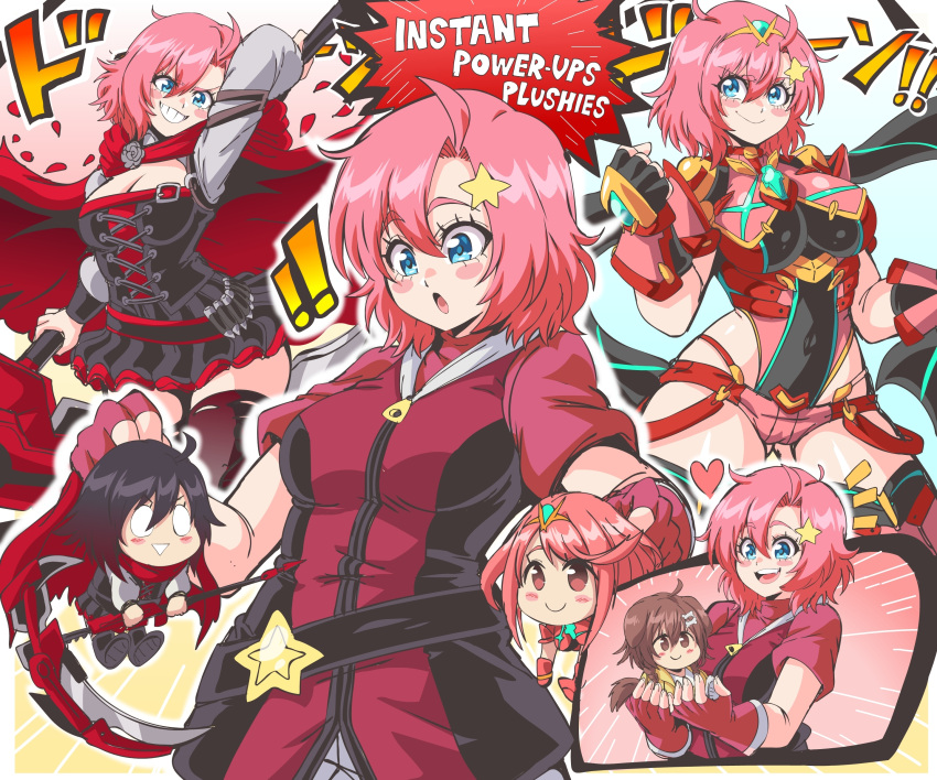 1girl absurdres blue_eyes blush breasts character_doll cleavage closed_mouth cosplay fingerless_gloves gloves grin hair_ornament heart highres hololive inugami_korone kirby kirby_(series) large_breasts lewdamone looking_at_viewer open_mouth parted_lips personification pink_hair pyra_(xenoblade) pyra_(xenoblade)_(cosplay) red_gloves ruby_rose ruby_rose_(cosplay) rwby short_hair smile star_(symbol) star_hair_ornament teeth upper_teeth_only xenoblade_chronicles_(series) xenoblade_chronicles_2 zipper zipper_pull_tab