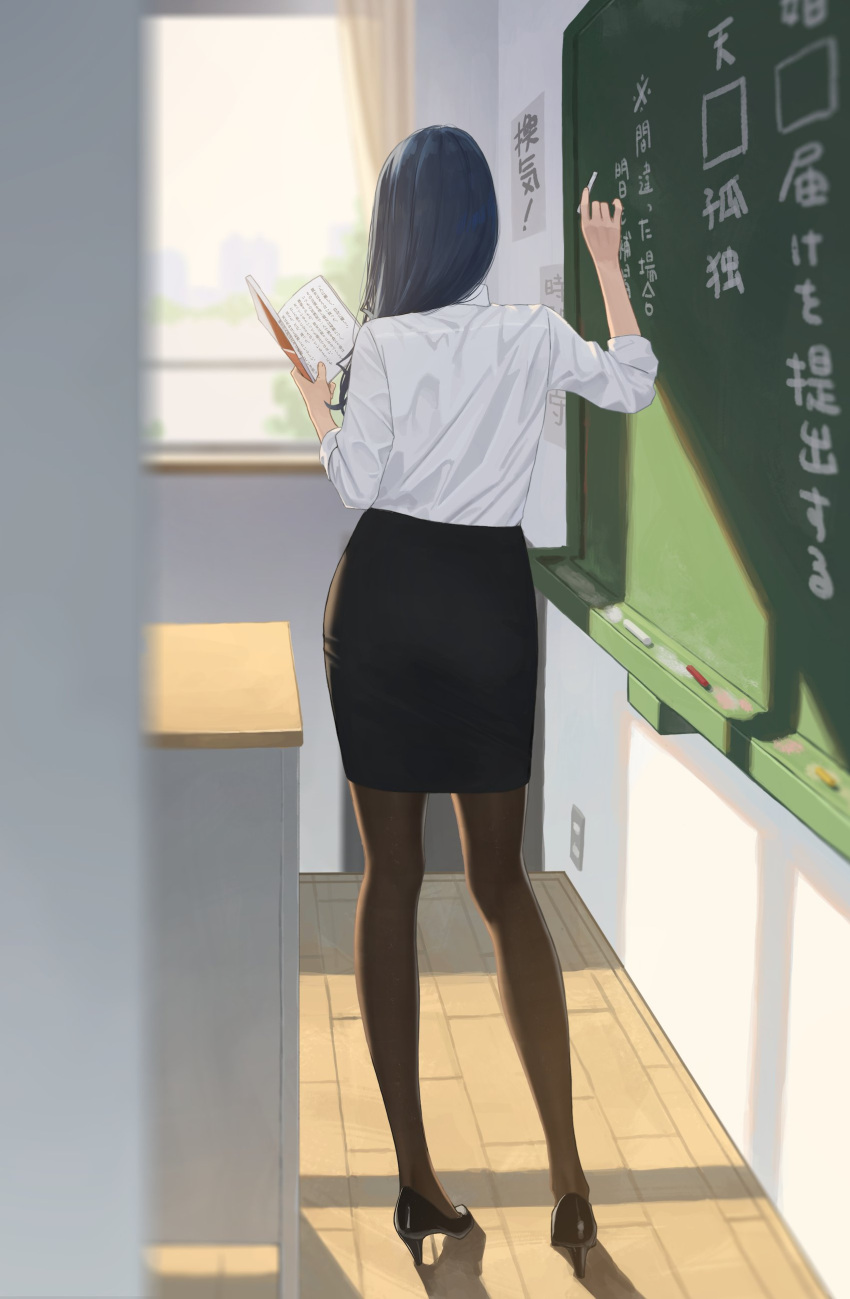 1girl absurdres black_footwear black_pantyhose black_skirt blurry blurry_foreground book chalk chalkboard classroom depth_of_field from_behind hair_over_shoulder hara_kenshi high_heels highres holding holding_book holding_chalk original pantyhose pencil_skirt shirt shirt_tucked_in skirt sleeves_rolled_up solo teacher white_shirt wooden_floor