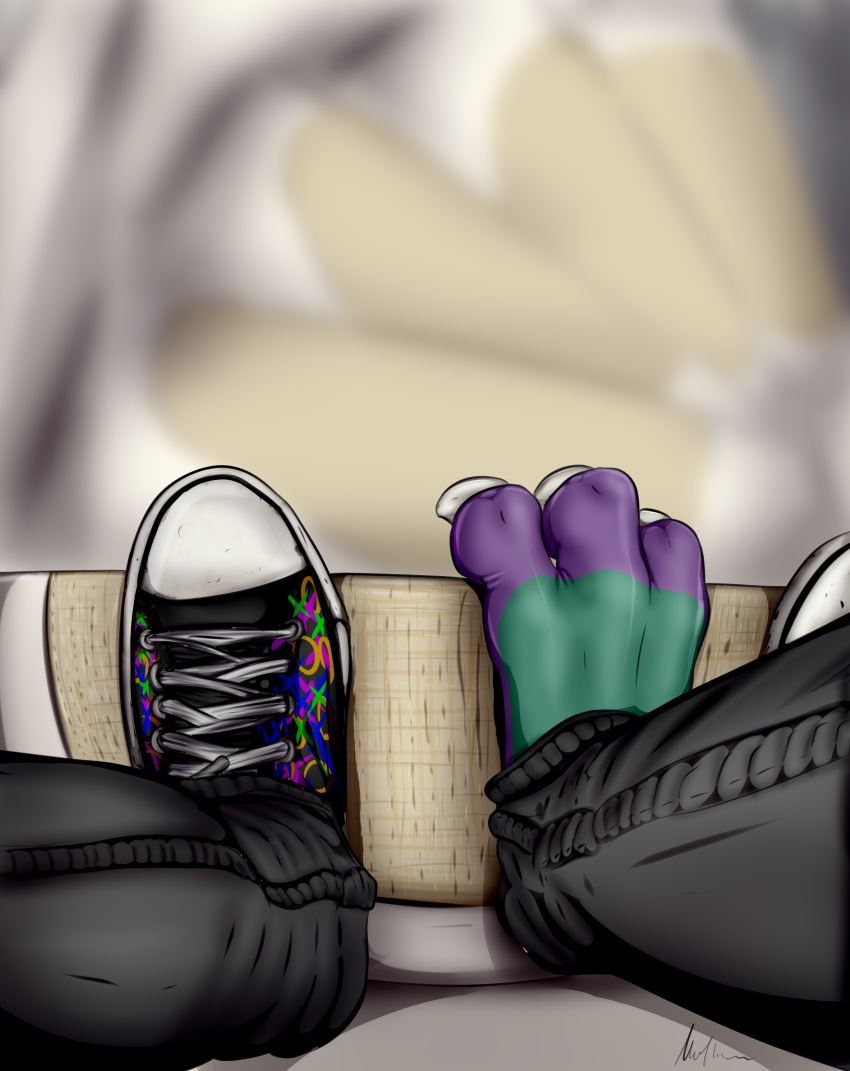 absurd_res anthro bare bodily_fluids character_muffin cheesy chucks claws converse dirty dragon feet furry green hi_res invalid_tag male male/male muffinvinvin paws purple smelly solo sweat toes tops