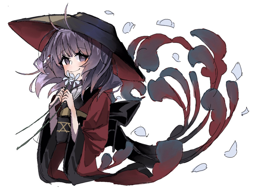 1girl antenna_hair black_headwear bowl bowl_hat closed_mouth commentary cropped_torso flower hat highres holding holding_flower japanese_clothes kimono long_sleeves looking_at_viewer medium_hair one-hour_drawing_challenge purple_eyes purple_hair red_kimono sash simple_background smile solo sukuna_shinmyoumaru touhou white_background white_flower wide_sleeves zerocf155