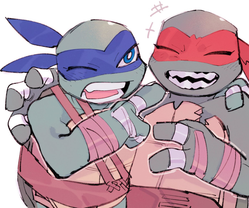 2boys affectionate arm_around_shoulder blue_eyes brothers colored_skin commentary_request furry furry_male green_scales green_skin leonardo_(tmnt) male_focus mask moime multiple_boys one_eye_closed raphael_(tmnt) siblings simple_background teenage_mutant_ninja_turtles teeth turtle_boy upper_body white_background