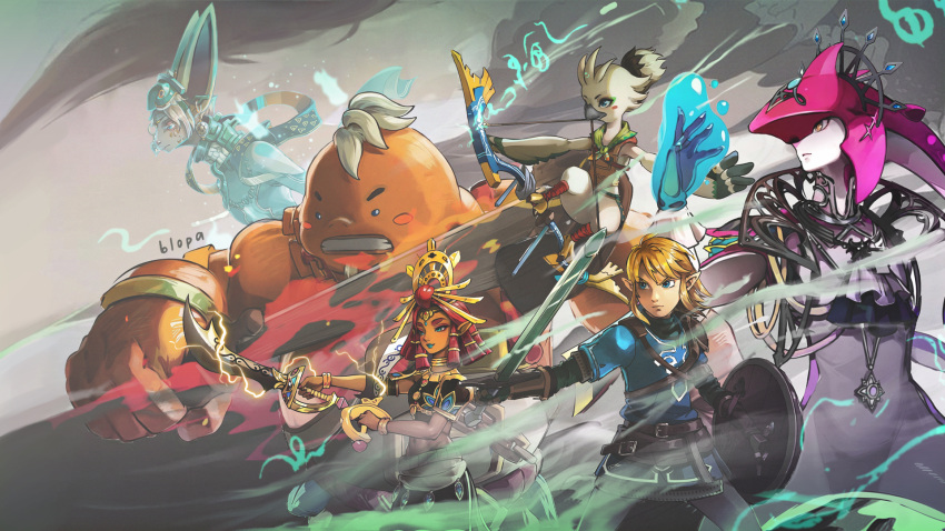 2girls 4boys blonde_hair blopa-inf blush_stickers bow_(weapon) clenched_teeth colored_skin dual_wielding electricity facial_hair gerudo goatee goron grey_hair highres holding link mineru_(zelda) multiple_boys multiple_girls pointy_ears red_skin riju rito shield sidon sword teeth the_legend_of_zelda the_legend_of_zelda:_tears_of_the_kingdom tiara tulin_(zelda) very_long_ears weapon yunobo zonai zora