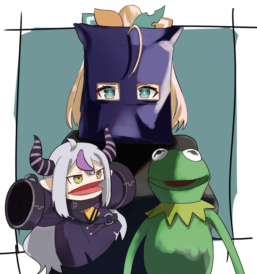 1girl ahoge ascot bag_over_head blonde_hair braid braided_bangs character_doll collar demon_horns eyelashes futoshi_tanaka green_background green_eyes grey_hair hair_ornament hand_puppet highres hololive horns kazama_iroha kermit_the_frog la+_darknesss leaf_hair_ornament long_hair looking_at_viewer medium_hair metal_collar multicolored_hair muppets open_mouth pointy_ears puppet purple_hair purple_shirt shadow shirt sidelocks solo streaked_hair striped_horns virtual_youtuber wide_sleeves yellow_ascot yellow_eyes