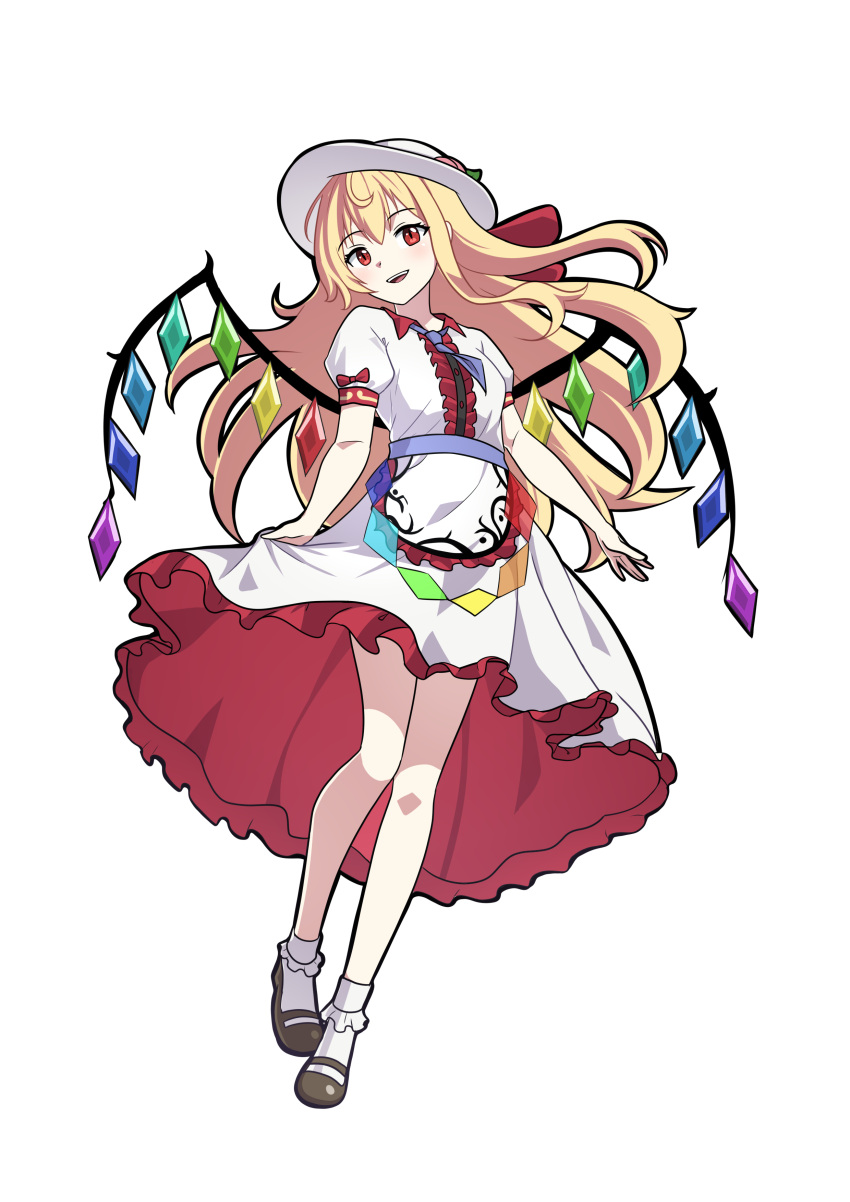 1girl absurdres blonde_hair commentary commission crystal dress eighteenetzel english_commentary flandre_scarlet fruit_hat_ornament fusion hat highres hinanawi_tenshi leaf light_blush long_hair looking_at_viewer mary_janes multicolored_wings necktie open_mouth peach_hat_ornament pixiv_commission puffy_short_sleeves puffy_sleeves purple_necktie red_eyes shoes short_sleeves simple_background skirt_hold smile socks solo touhou very_long_hair white_background white_dress white_headwear wings