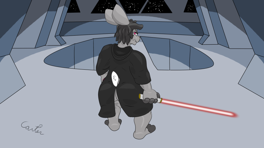 absurd_res angry anthro bear big_butt big_hands butt clothing hi_res inside lagomorph leporid lightsaber major_carter male mammal melee_weapon muscular pknicky_(pknicky) rabbit robe sith slightly_chubby solo star_destroyer star_wars weapon