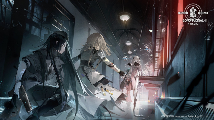 4girls ar-18_(girls'_frontline) artist_request behind_another black_gloves black_hair black_jacket black_necktie black_pants blonde_hair bodysuit bottle breasts broken_glass ceiling_light closed_mouth coat colt_walker_(girls'_frontline) commentary company_name cowboy_hat drone english_commentary erma_(girls'_frontline) fingerless_gloves garrison_cap girls'_frontline glass gloves grey_bodysuit grey_coat gun hair_between_eyes hair_ornament handgun hat headgear highres holding holding_gun holding_weapon jacket kneeling long_coat long_hair long_sleeves medium_breasts multiple_girls necktie official_art outstretched_arm outstretched_arms pants paradeus promotional_art protecting serious shadow shirt skin_tight spoilers tareus_(girls'_frontline) train train_interior trigger_discipline vent_(object) very_long_hair vial walking weapon white_hair white_jacket white_shirt window yellow_eyes