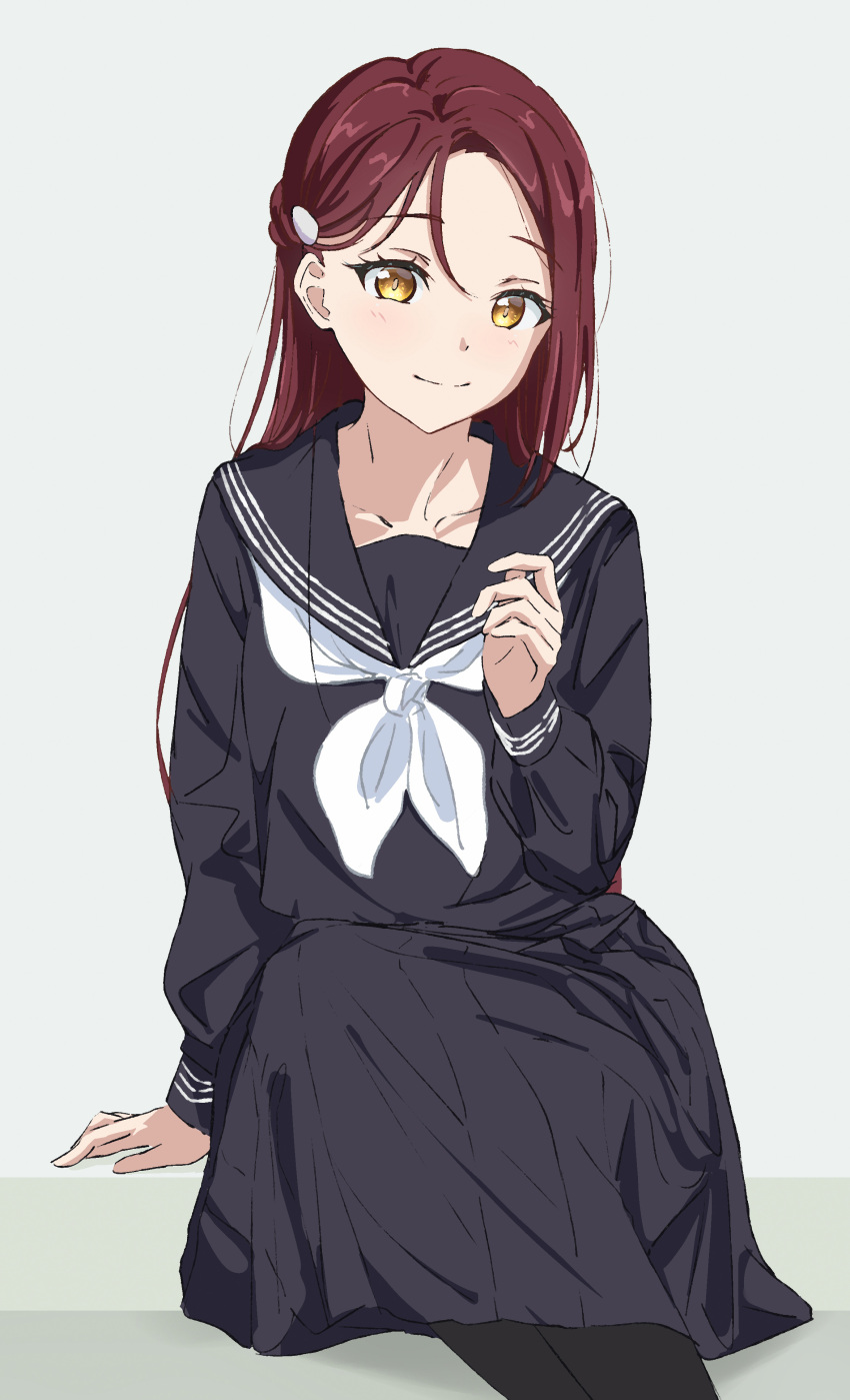 1girl absurdres black_pantyhose black_sailor_collar black_serafuku black_skirt closed_mouth collarbone dark_red_hair feet_out_of_frame highres long_hair long_sleeves looking_at_viewer love_live! love_live!_sunshine!! neckerchief pantyhose parted_bangs sailor_collar sakurauchi_riko school_uniform serafuku sitting skirt solo tsmkn26 upper_body uranohoshi_school_uniform white_background white_neckerchief