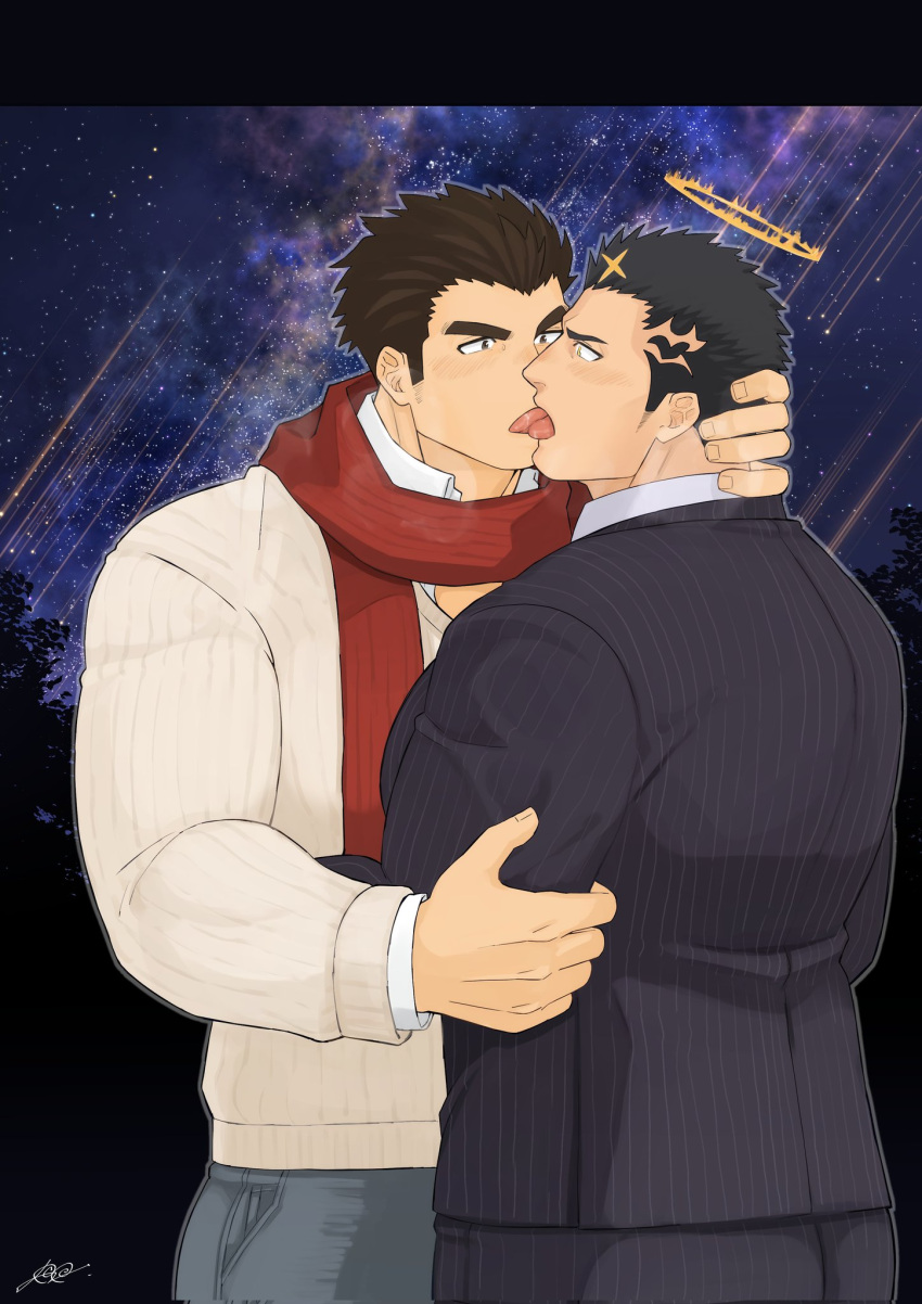 2boys alternate_costume ass bara beard_stubble black_hair black_suit blush breath brown_sweater commentary_request commission contemporary couple eye_contact facial_hair formal french_kiss from_side halo hand_on_another's_neck harada_(basashi) highres kiss large_pectorals long_sideburns looking_at_another male_focus mature_male multiple_boys muscular muscular_male mustache_stubble official_alternate_costume pants pectorals protagonist_3_(housamo) red_scarf saliva scarf second-party_source short_hair sideburns skeb_commission striped striped_pants striped_suit stubble suit sweater thick_eyebrows tokyo_afterschool_summoners tongue tongue_out v-shaped_eyebrows watermark winter_clothes yaoi zabaniyya_(fashionista_suit)_(housamo) zabaniyya_(housamo)
